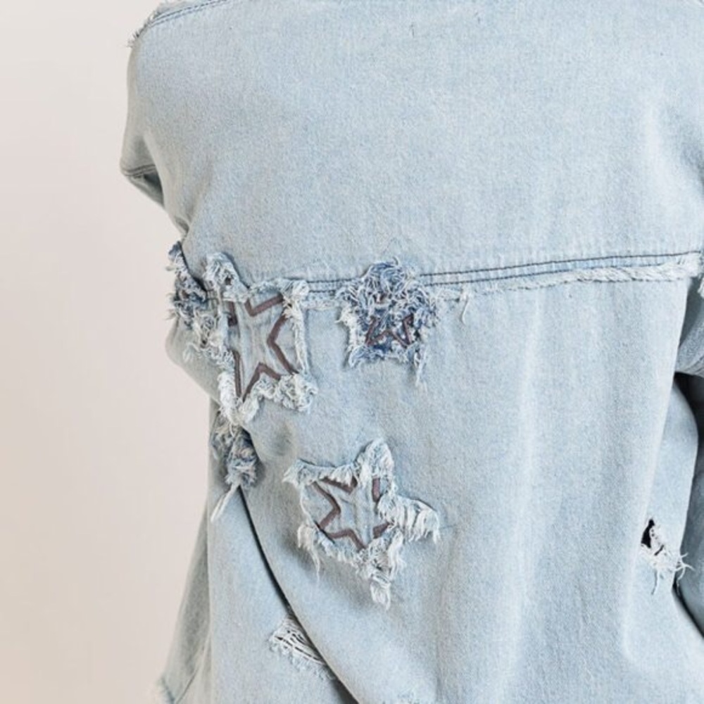 POL Star patchwork distressed Denim shacket with Star Patches blue button down - Picture 5 of 5